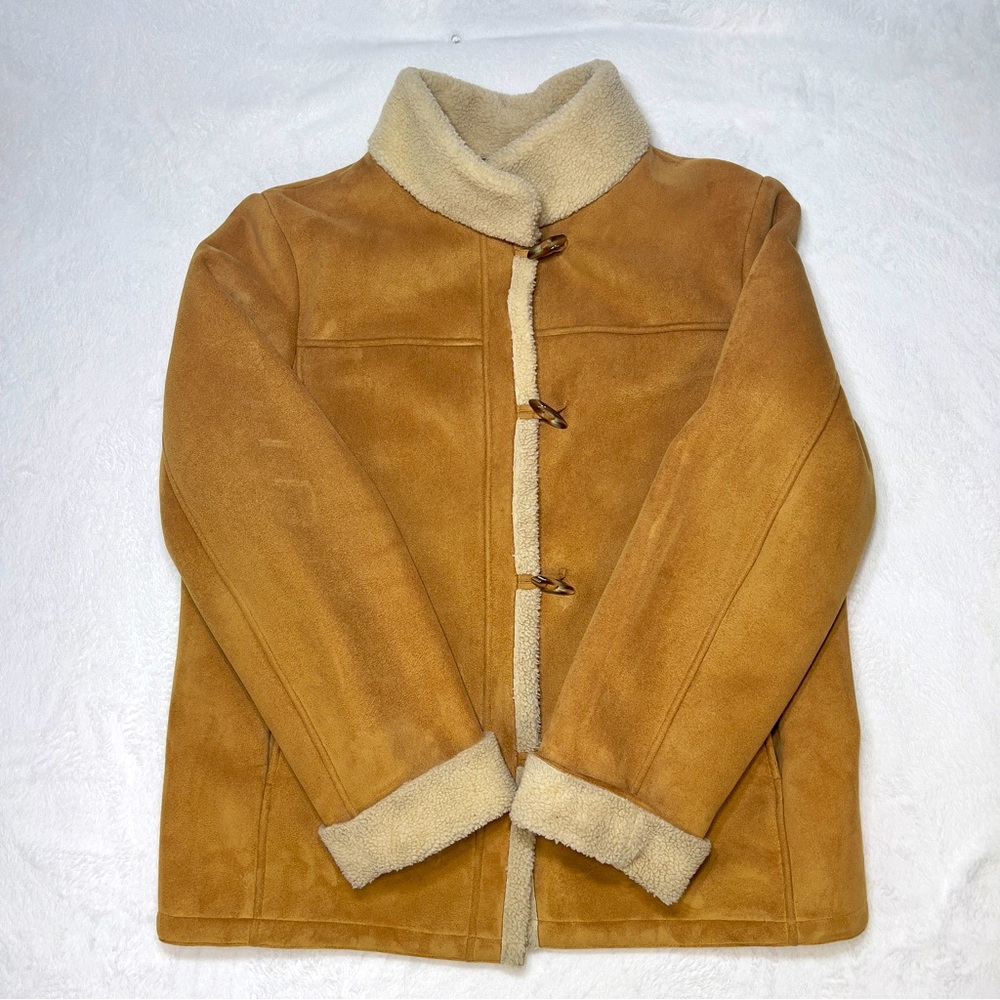 Talbots Women's Faux Shearling Jacket Tan Cream/ Off White Trim Size Large